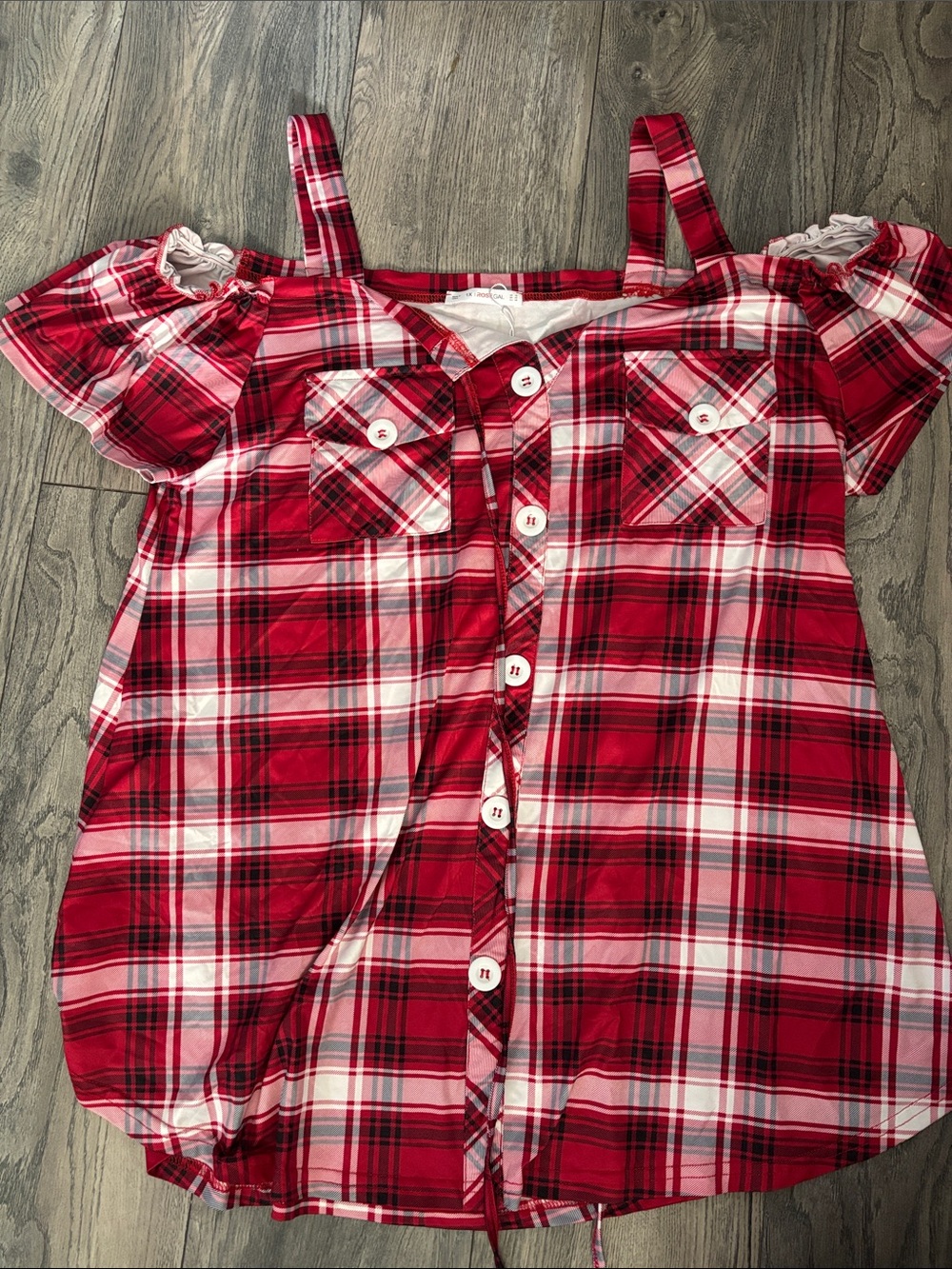 Rosegal Red Plaid Off-Shoulder Button-Down Top